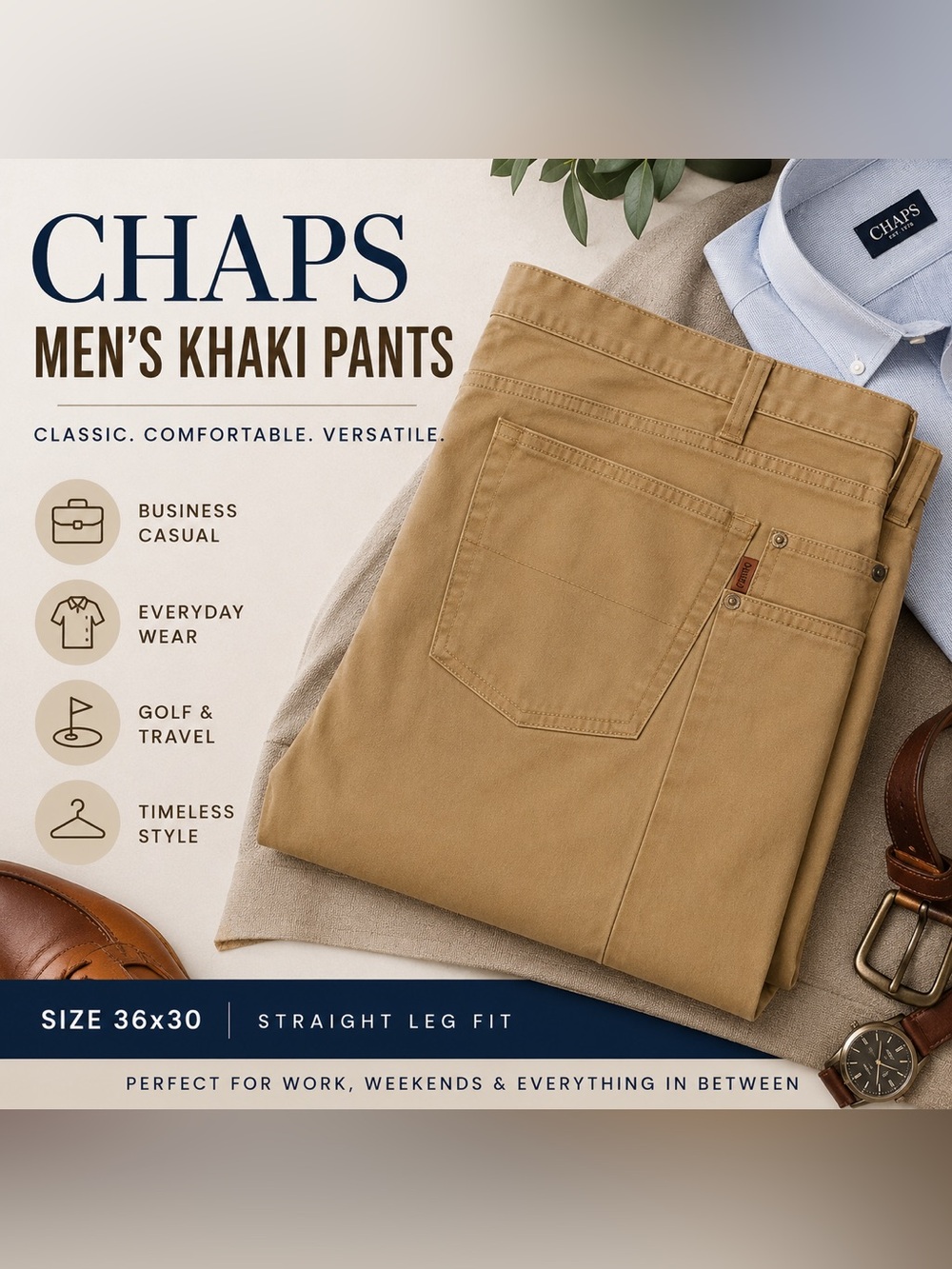 CHAPS Men’s Khaki Tan Casual Pants Size 36x30 Straight Leg Business Casual
